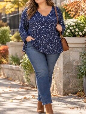 Penningtons Plus Size Navy White Ditsy Floral V-Neck Long Sleeve Tunic Top